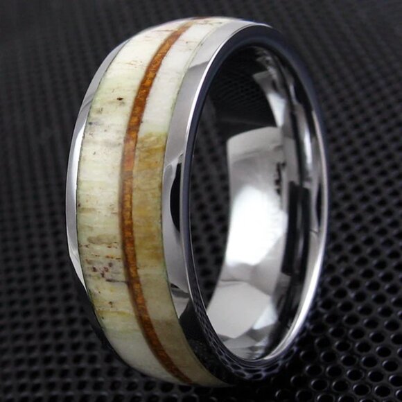 MODERN MIRROR POLISHED 6/8MM SILVER TUNGSTEN DOME RING W/ THIN WOOD, DEER ANTLER